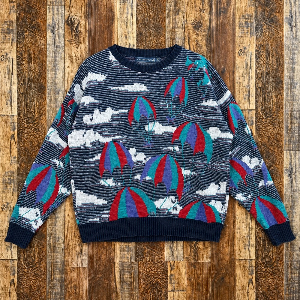 Vintage Crossings Mens Large Cotton Hot Air Balloon Cloud Knit Sweater Navy USA